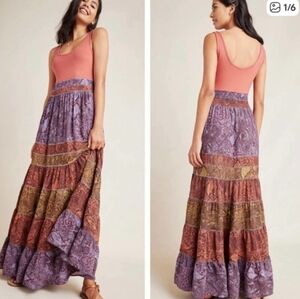 Anthropologie Colima Multicolor Snakeskin Print Tiered Maxi Dress Size L Boho